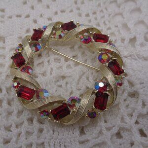 Vintage Lisner Red & AB Rhinestone Wreath Brooch